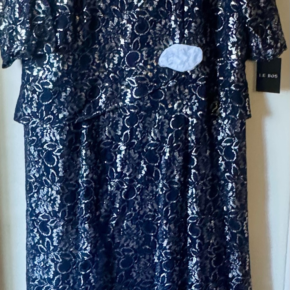 Le Bos Navy Silver Metallic Lace Peplum Long Gown 3/4 Sleeve NWT - Picture 2 of 6